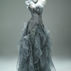 JFH83 Asymmetric Gray Crystal Mermaid Evening Party <b>Dress</b> <b>Ruffle</b> Lace Beading Appliques Chiffon Print Design Natural Chapel - Product Image 2