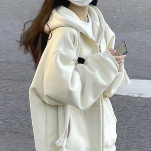 Women's Hooded Sweatshirt Apricot Thin Loose Fit Korean Style <b>Thick</b> <b>Cardigan</b> Early Autumn Coat - Product Image 4