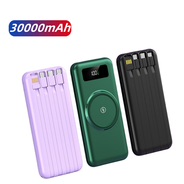 Wireless Charging 30000mAh Portable Built in Cable Mobile Power Bank LED Display External Battery
