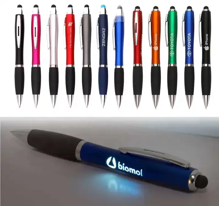Logotipo personalizado multifunções Led light Logotipo Barato Popular kalem Stylus Promocional caneta esferográfica personalizada inteligente com logotipo personalizado