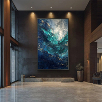 Peinture à l'huile abstraite moderne massive bleu profond, texture épaisse, art mural vertical pour hôtel de luxe