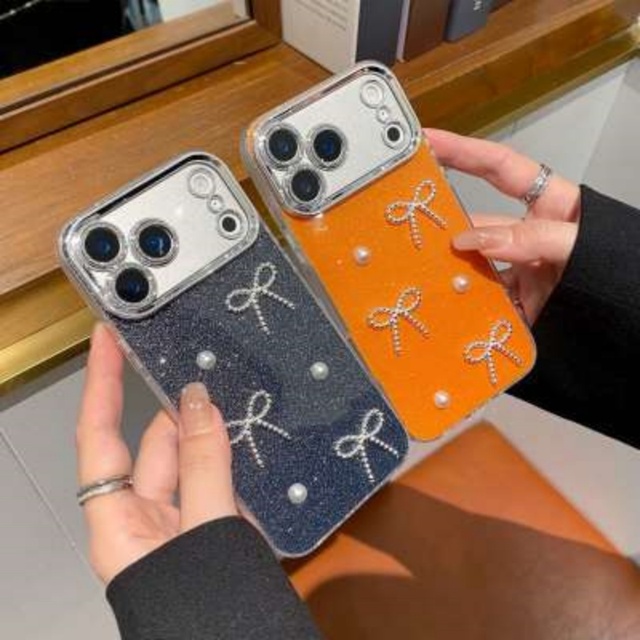 Glitter Pearl Rhinestone Lens Frame Phone Case Bow for iphone 17 16 15 14 Pro Max IMD Shockproof Hard Back Colorful Bling Cover