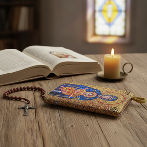 Iconography-cartera tejida con diseño de la Virgen María y el Niño Jesús, bolsa para Rosario - Product Image 3