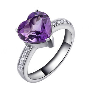 Women's Heart-Shaped <b>Amethyst</b> with Oval Cut Diamond Gemstone <b>Rings</b> for Wedding Momenatomic Jewelry - Product Image 1