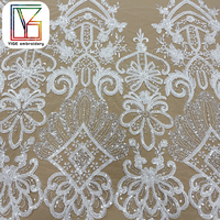 Tissu en dentelle blanche perlée, dentelle française, tissu brodé de perles et de sequins pour robe de bal et robe de mariée - Grande Vente