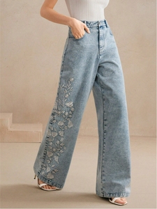 Jeans à jambes larges brodés de fleurs pour femmes, pantalon en denim ample, jeans patchwork taille haute, fabrication OEM en gros - Product Image 5