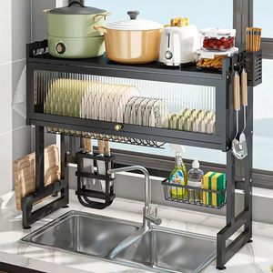 Égouttoir à vaisselle moderne à double niveau en fer, écologique, certifié CE, multifonctionnel, avec couvercle et plateau de drainage, organisateur de vaisselle et de bols pour cuisine - Product Image 2