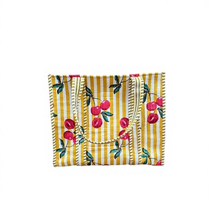 Yellow striped cherry printed quilted cotton tote <b>bag</b> with soft handles spacious everyday shopping travel beach casual carry - Product Image 1