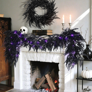 Guirlande d'Halloween noire Zongwang avec lumières violettes pour décoration de cheminée, 1,8 m, aiguilles de pin artificielles, style algues marines - Product Image 1