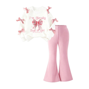 Conjunto de 2 Piezas para Niñas Pequeñas, Estilo Dulce, Sudadera con Estampado de Lazo y Pantalones Acampanados con Cintura Elástica, Personalizable - Product Image 4