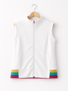 Achetez un gilet sans manches blanc avec fermeture éclair, col montant côtelé et détail de bordure multicolore, veste décontractée légère - Product Image 2