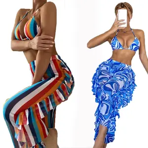 KY all over print Bikini Swimsuit With Ruffle Trim Cover Up 3 piece swimwear set print beach wear for ladies sets