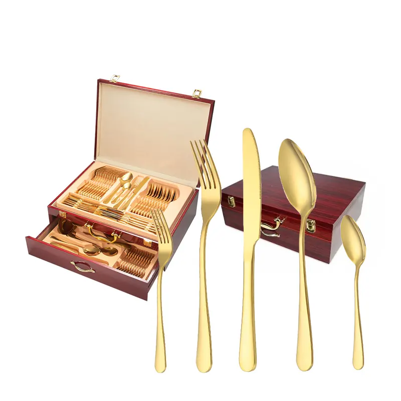 Alta qualidade 72 pcs aço inoxidável talheres set ouro talheres casamento talheres conjunto com caixa de madeira