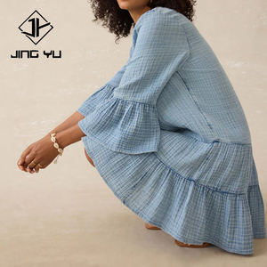 New light indigo washed layered <b>dress</b> with a slightly pleated V-neck evening <b>dress</b> custom 100% Organic Cotton mini <b>dress</b> - Product Image 3