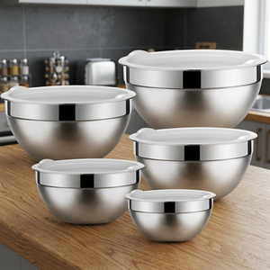 Ensemble de 5 bols mélangeurs en acier inoxydable écologique non revêtu, personnalisables, avec base antidérapante, pour salades, légumes et aliments - Product Image 3