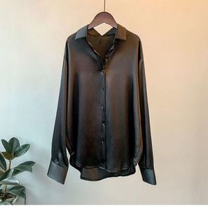 免费样品来样定做/ODM复古女式缎面衬衫上衣翻领长袖纽扣宽松 - Product Image 3