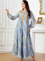 Nouvelle robe longue d'été en polyester grande taille brodée pour femme, manches longues, longueur ras du sol, style musulman moyen-oriental