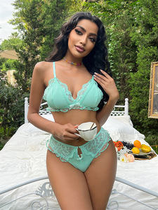 Grüne Spitze Blumenmuster Neuheit Rüschenrand Volants Reife Damen Frauen Nachtwäsche Sexy Unterwäsche Heiße Dessous 2er-Pack Set für Mädchen - Product Image 3