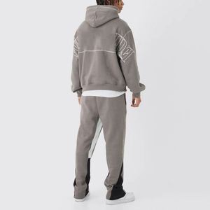 Wash <b>Grey</b> Contrast Topstitch <b>Hoodie</b> Panel Spliced Flared Pants Layered Visual Effect Custom Wash <b>Men</b> Two Piece Tracksuit - Product Image 2