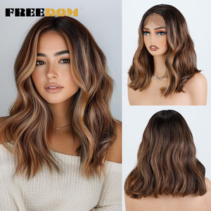 Синтетический парик FREEDOM 13x7 с прозрачной кружевной передней частью, короткий боб, натуральные вьющиеся локоны, для женщин, коричневый, блонд, для косплея - Product Image 1