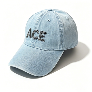 หมวกเบสบอลเดนิมฟอกสีอ่อนปักโลโก้ ACE แบบ OEM ODM สั่งทำได้ หมวกทรงวินเทจแบบไม่แข็ง ทรงแด๊ดแฮท สำหรับผู้หญิงผู้ชาย ขายส่ง พร้อมปักตัวอักษร - Product Image 4