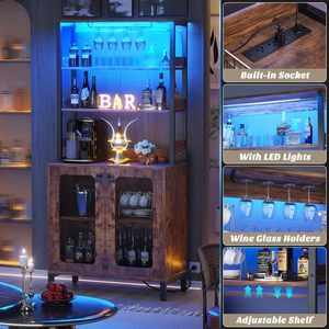Armoire à vin haute SENYU avec éclairage LED et porte-verres, prises électriques intégrées, meuble bar à café pour salon - Product Image 4