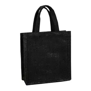 Logo disesuaikan bergaya tas Tote grosir murah kosong menyesuaikan rami Linen pantai hitam goni tas Tote untuk bisnis
