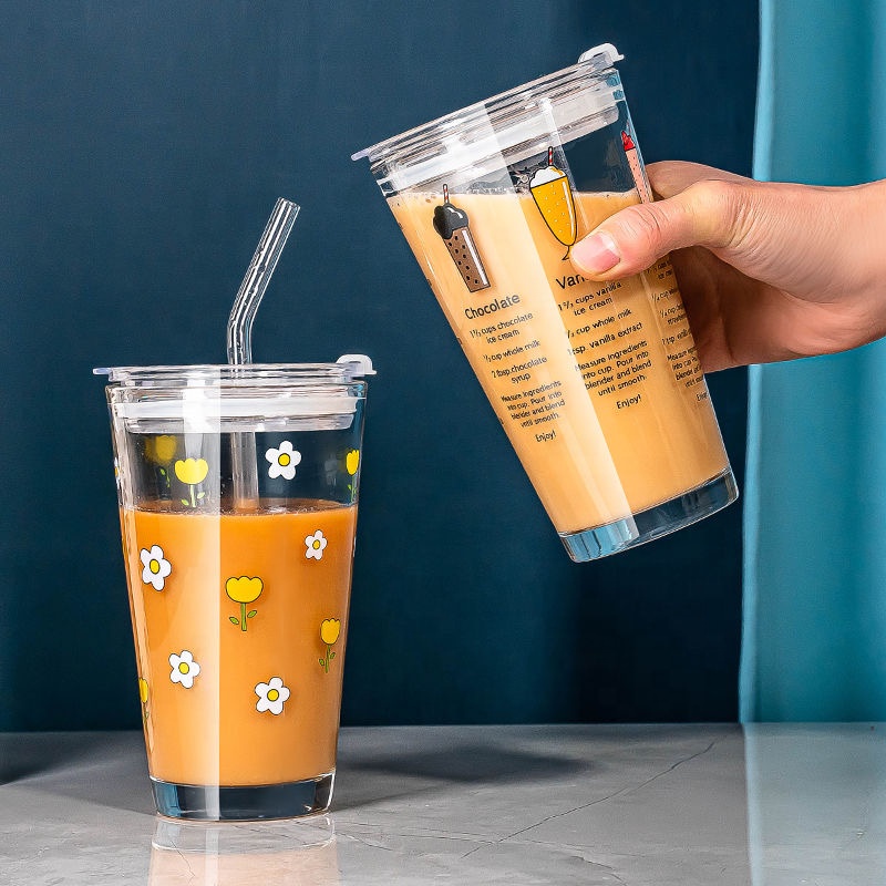 480ml Drinking glass cup with lid  with straw