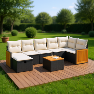 Ensemble de canapés de jardin d'extérieur en rotin PE noir, 6 places, design contemporain, accents en bois massif - Product Image 2