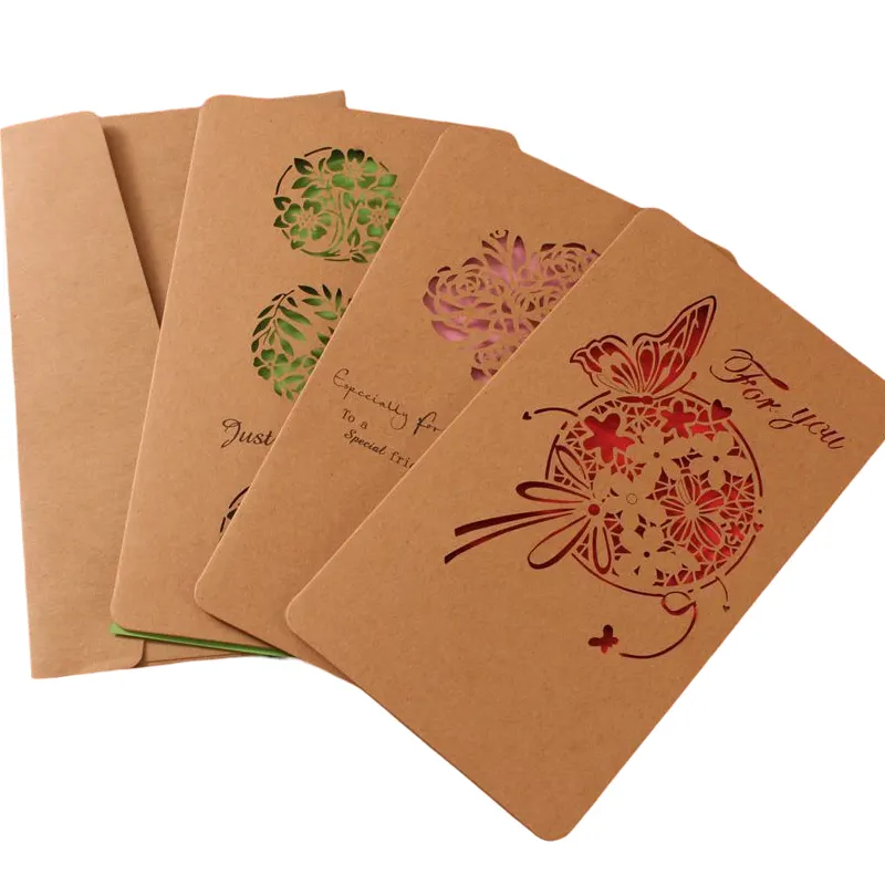 Creative Kraft Paper Greeting Card Flower Butterfly Laser Engraving Holiday Business Birthday Thank You Greeting Cards