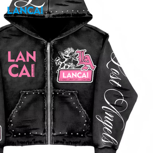 Cao cấp tinh khiết bông tùy chỉnh Zip mô hình phong cách đường phố Retro Màn hình <span class=keywords><strong>in</strong></span> ấn sửa chữa nóng thạch cắt vá phai người đàn ông của áo - Product Image 2