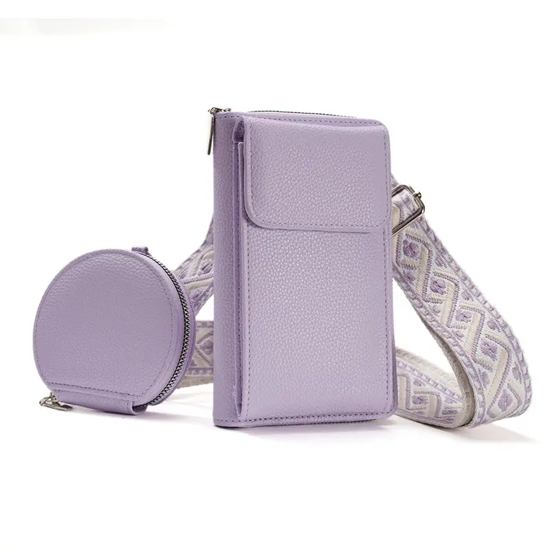 Custom Logo Fashion Purple Cell Phone Small Crossbody Bags Shoulder Pocket Wallet 2 in 1 set Pouch Mobile Phone Bag