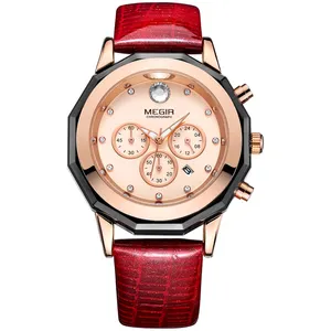 MEGIR 2042 서양 숙녀 핑크 시계 변기 정품 가죽 밴드 3 다이얼 크로노 그래프 다이아몬드 캐주얼 손목 시계