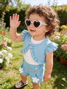 Ensemble d'été mignon et tendance pour <span class=keywords><strong>fille</strong></span> de 0 à 3 <span class=keywords><strong>ans</strong></span> : Manteau court sans manches à volants couleur unie + <span class=keywords><strong>Gilet</strong></span> + Short fleuri, Taille 3T personnalisée - Product Image 3