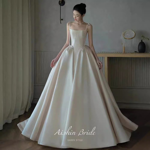 Aishin Bride Satin Ball Gown Wedding Dress Natural Waist Strapless Long Train Queen Style - Product Image 2