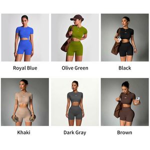 Ensemble de sport pour femmes, haut et short de yoga respirants, à séchage rapide, couleur unie, sensation de peau nue, ajustés, pour la course à pied et l'entraînement, logo personnalisé - Product Image 2