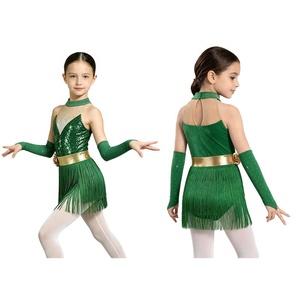 Traje de Baile Latino para Niñas, Falda con Lentejuelas y Flecos, Guantes, Collar Choker, Mangas para Brazos, Cinturón Dorado, para Competencia de Salsa y Baile de Salón, Personalizado - Product Image 2