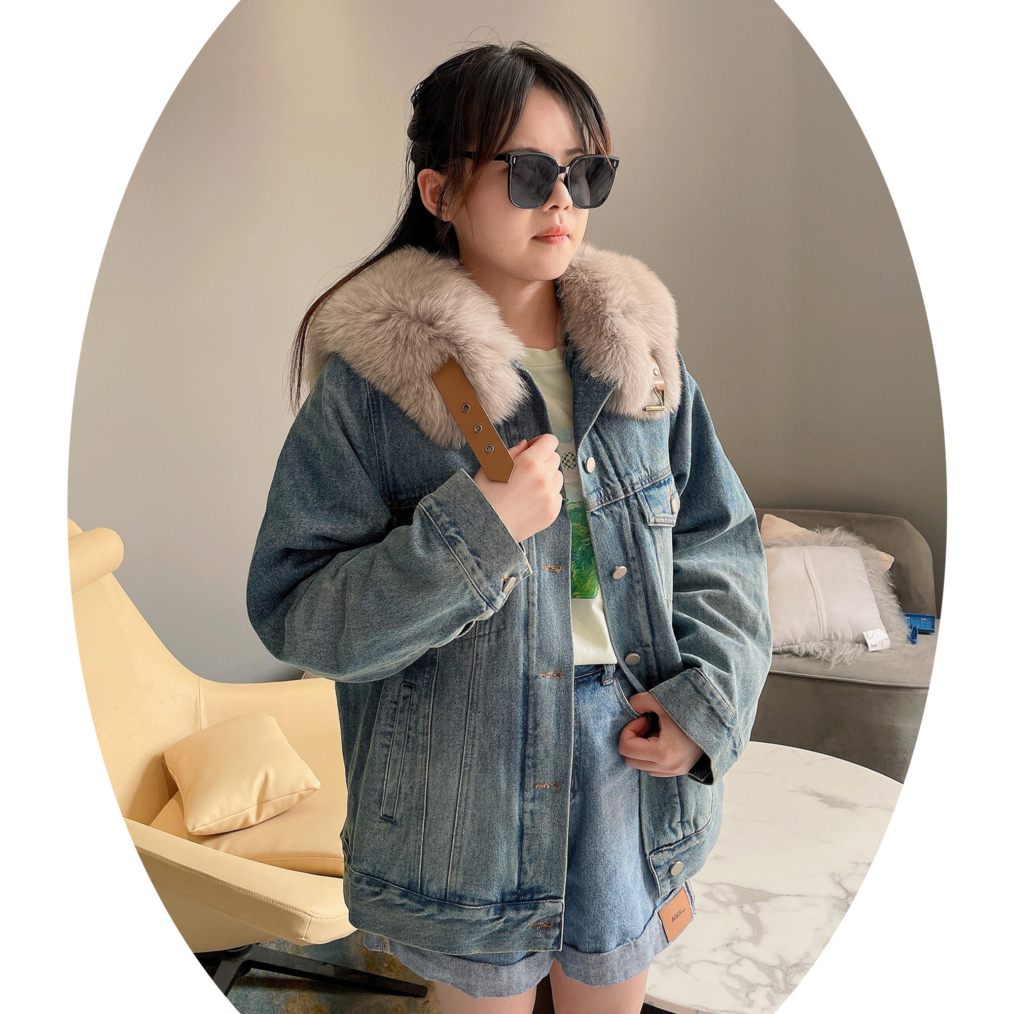 Winter warm real fur parka fashion blue gray denim coat thick real fox fur collar rabbit fur lined jean parka