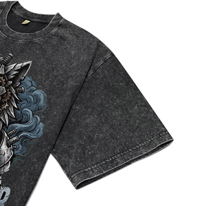 Camiseta de Manga Corta para Hombre, Estilo Urbano, Transpirable, de Algodón, Talla Grande, Negra, Lavada con Ácido, Teñida, con Estampado Mecánico de Lobo DTG - Product Image 2