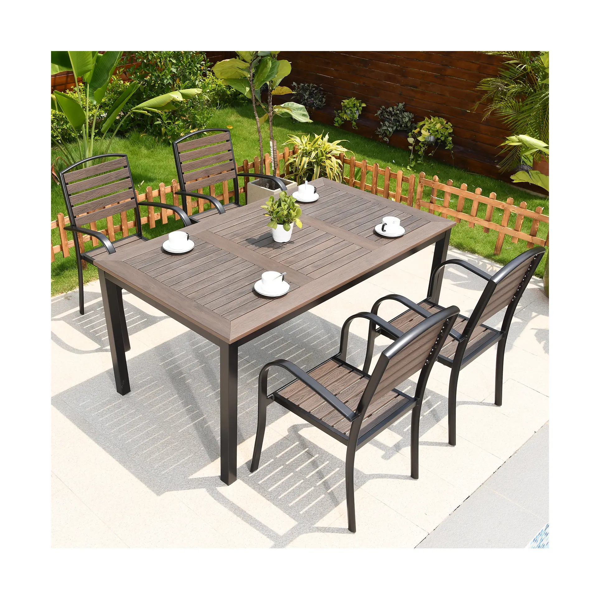 [HUAHONG]4+1Modern Restaurant Dining Room Set Outdoor Garden Plastic Wood Furniture 4 Seat Patio Table and Chair