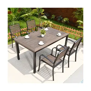 [HUAHONG]4+1Modern Restaurant Dining Room Set Outdoor Garden Plastic Wood Furniture 4 Seat Patio Table And Chair