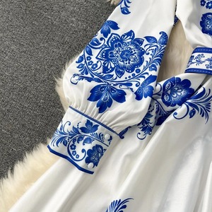2377# Fashion Runway <strong>Red</strong> <strong>and</strong> <strong>White</strong> Porcelain <strong>Dress</strong> Women's Stand Long Lantern Sleeve <strong>Blue</strong> Floral Print Shirt Robe Vestidos - Product Image 4