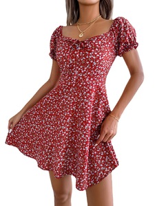 Vestidos Casuales de Verano para Mujer, Estampado Floral, Chifón Transpirable, Ecológico, con Cordón Ajustable, Manga Corta, Cuello Redondo, Cintura Imperio - Product Image 6
