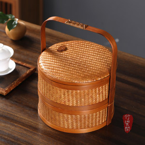 <b>Bamboo</b> Woven Basket Double Layer Lidded Round Food Storage <b>Container</b> For Tea And Fruit Kitchen Use - Product Image 4