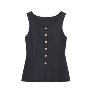 Gilet da <span class=keywords><strong>donna</strong></span> elegante stile coreano canotta <span class=keywords><strong>monopetto</strong></span> in oro lavorato a maglia alla moda canotta semplice da <span class=keywords><strong>donna</strong></span> - Product Image 2