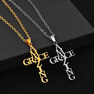 新设计励志宗教珠宝项链316l不锈钢字母十字架吊坠基督教惊人优雅项链