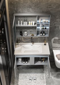 Set Moderno di Mobile <span class=keywords><strong>Bagno</strong></span> Grigio con Specchio Intelligente, Armadietto in Legno Massello Montato <span class=keywords><strong>a</strong></span> Parete con <span class=keywords><strong>Lavabo</strong></span> in Ceramica per Casa e Hotel - Product Image 2