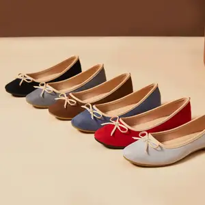 Summer Elegant Ballet Flats Casual Women Shoes Anti-Slip Round Toe Suede Bow Flat Shoes
