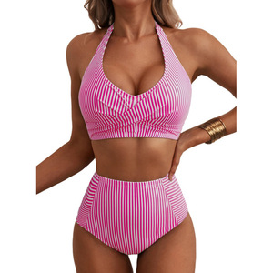 Nouveau Maillot de Bain Deux Pièces Femme 2026 à Taille Haute, Col Halter et Sac de Rangement Intégré, Motif Rayé - Product Image 3