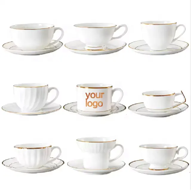 Tasses à café européennes personnalisées en porcelaine fine d'os tasse à café thé en or ensemble tasses à thé et soucoupes en céramique blanc pur